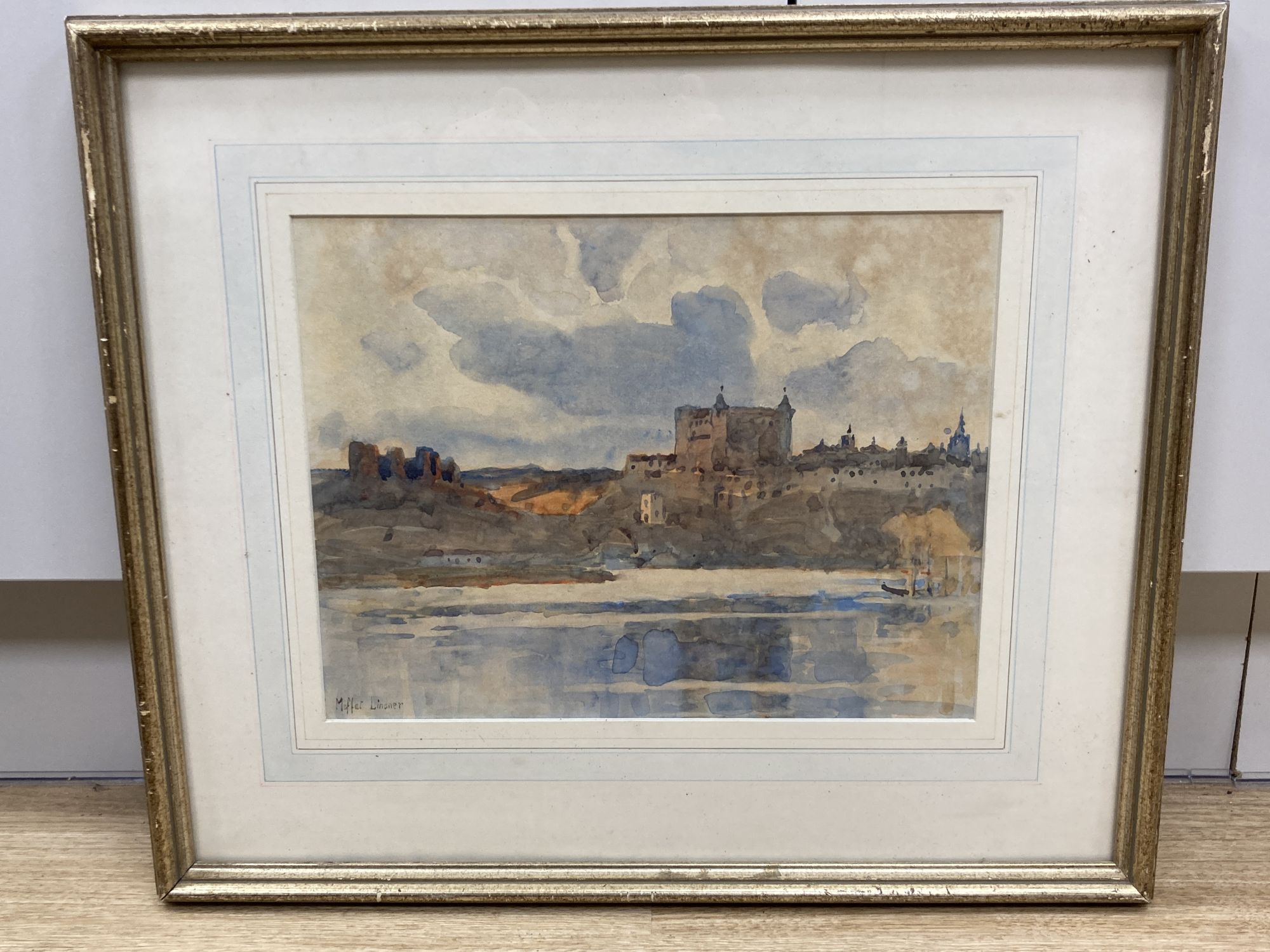 Mofat Lindner, watercolour, Waterside castle, signed, 23 x 30cm